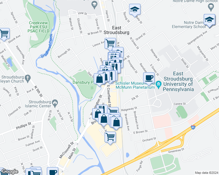 map of restaurants, bars, coffee shops, grocery stores, and more near 186 South Courtland Street in East Stroudsburg