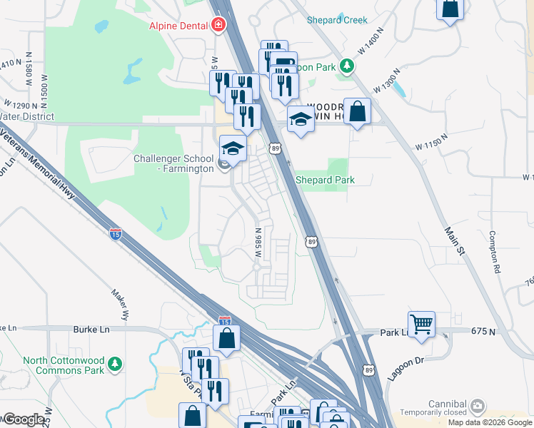 map of restaurants, bars, coffee shops, grocery stores, and more near 936 Spring Creek Lane in Farmington