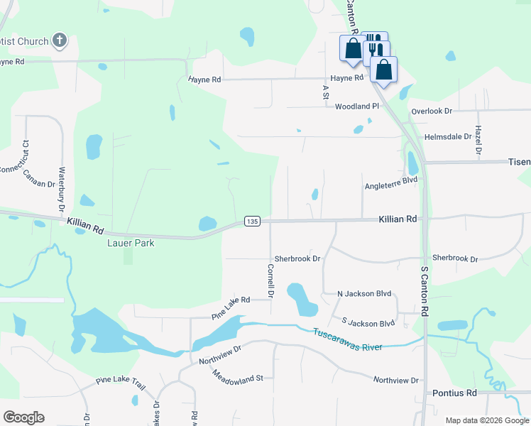 map of restaurants, bars, coffee shops, grocery stores, and more near 3025 Killian Road in Uniontown