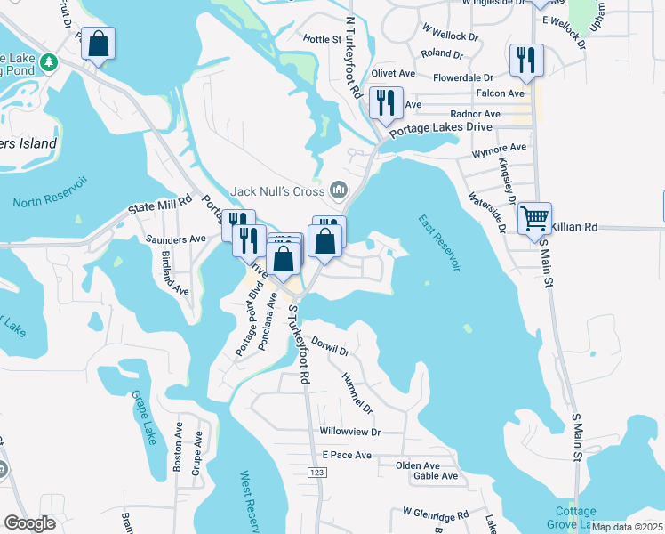 map of restaurants, bars, coffee shops, grocery stores, and more near 404 Portage Lakes Drive in Akron