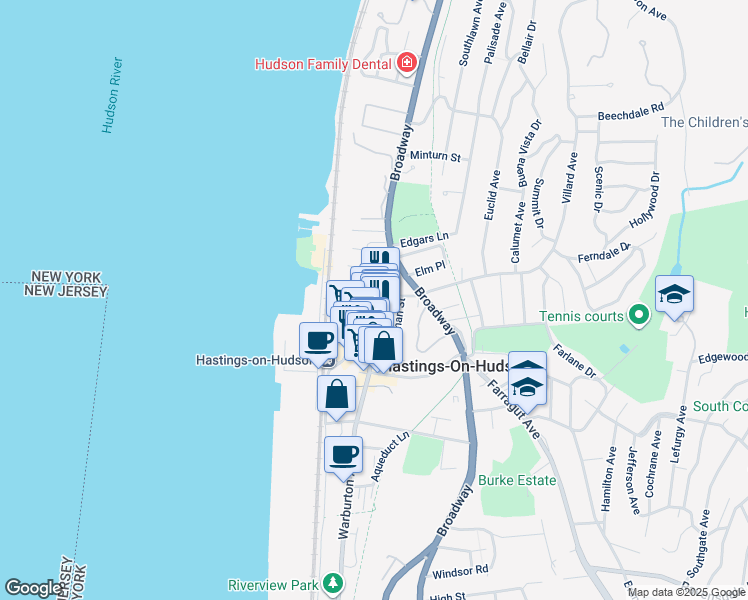 map of restaurants, bars, coffee shops, grocery stores, and more near 595 Warburton Avenue in Hastings-on-Hudson