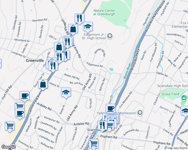 map of restaurants, bars, coffee shops, grocery stores, and more near 27 Bretton Road in Scarsdale