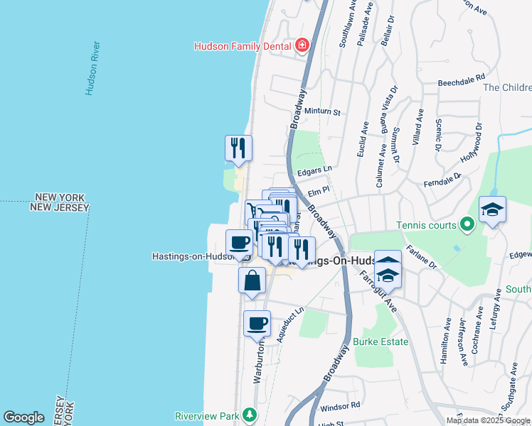 map of restaurants, bars, coffee shops, grocery stores, and more near 595 Warburton Avenue in Hastings-on-Hudson