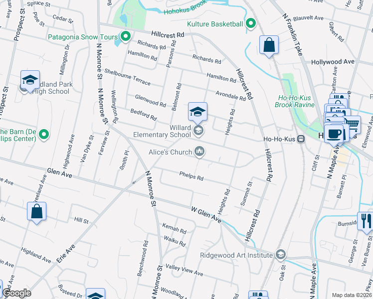 map of restaurants, bars, coffee shops, grocery stores, and more near 207 Fairmount Road in Ridgewood