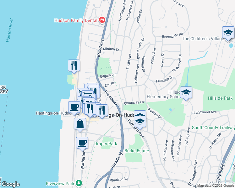 map of restaurants, bars, coffee shops, grocery stores, and more near 25 Croton Avenue in Hastings-on-Hudson