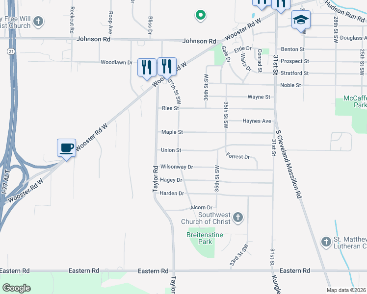 map of restaurants, bars, coffee shops, grocery stores, and more near 1595 Union Street in Barberton