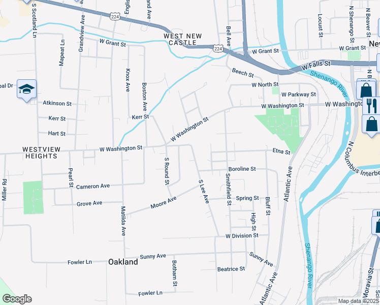 map of restaurants, bars, coffee shops, grocery stores, and more near 56 South Lee Avenue in New Castle