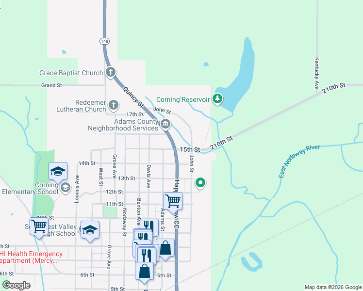 map of restaurants, bars, coffee shops, grocery stores, and more near 200-298 15th Street in Corning