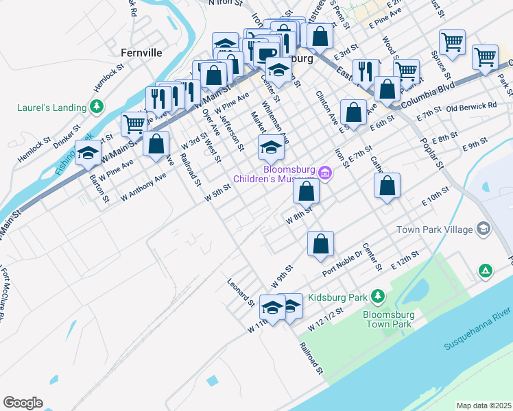 map of restaurants, bars, coffee shops, grocery stores, and more near 236 West 6th Street in Bloomsburg