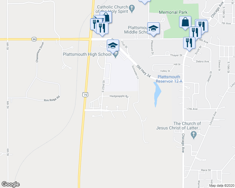 map of restaurants, bars, coffee shops, grocery stores, and more near 2116 Hedgeapple Road in Plattsmouth