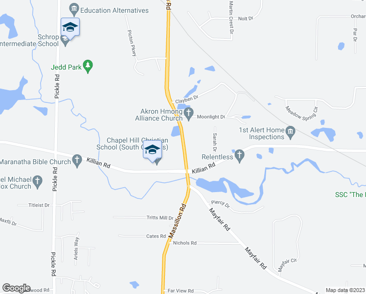 map of restaurants, bars, coffee shops, grocery stores, and more near 2386 Massillon Road in Akron
