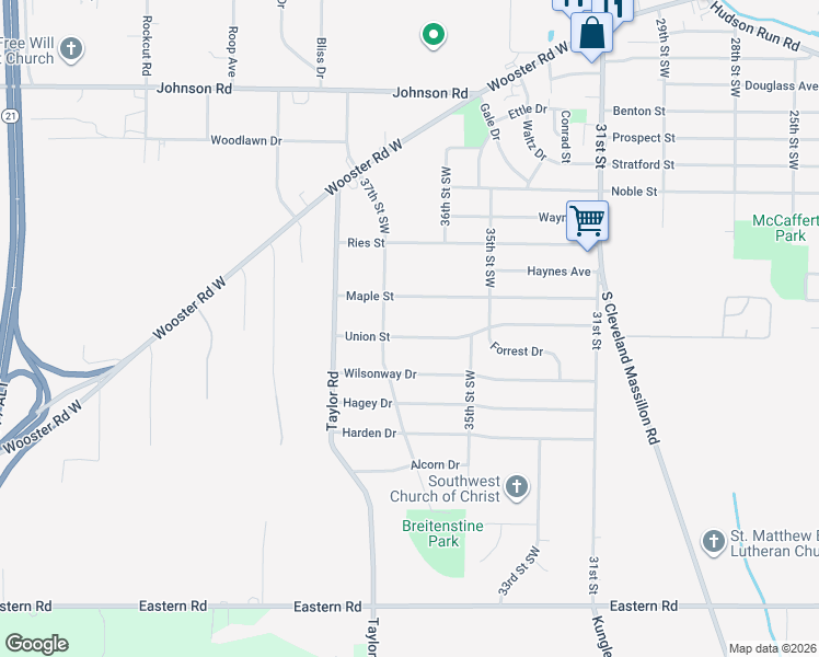 map of restaurants, bars, coffee shops, grocery stores, and more near 1595 Union Street in Barberton