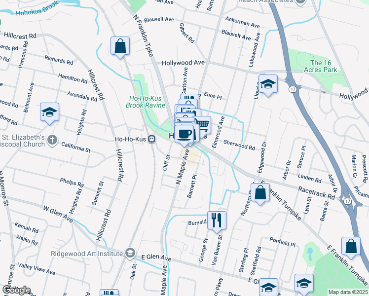 map of restaurants, bars, coffee shops, grocery stores, and more near 610 North Maple Avenue in Ho-Ho-Kus
