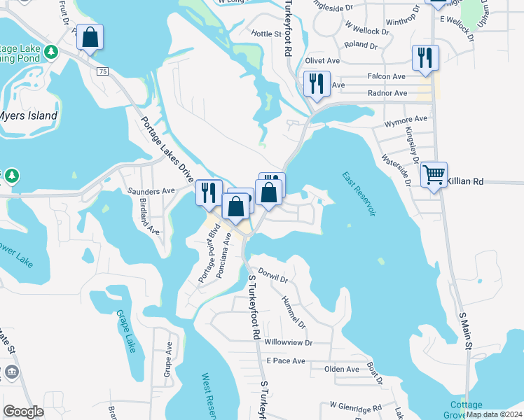 map of restaurants, bars, coffee shops, grocery stores, and more near 404 Portage Lakes Drive in Akron