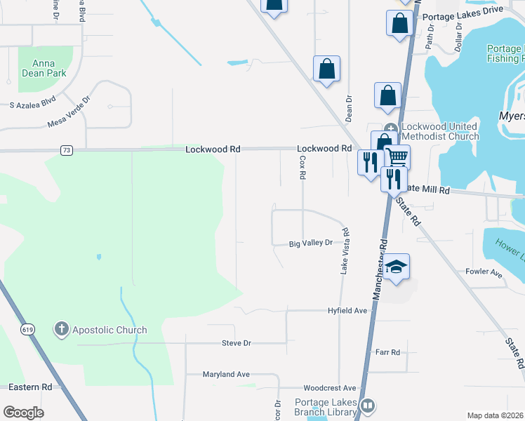 map of restaurants, bars, coffee shops, grocery stores, and more near 3779 Lake Vista Road in Akron