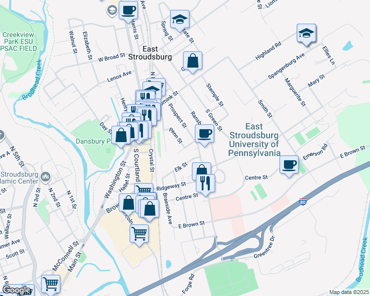 map of restaurants, bars, coffee shops, grocery stores, and more near 3477 Farview Drive in East Stroudsburg