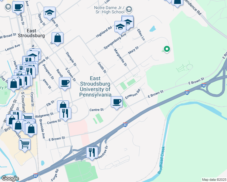 map of restaurants, bars, coffee shops, grocery stores, and more near 219 Smith Street in East Stroudsburg