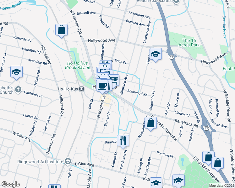 map of restaurants, bars, coffee shops, grocery stores, and more near 191 Franklin Turnpike in Ho-Ho-Kus