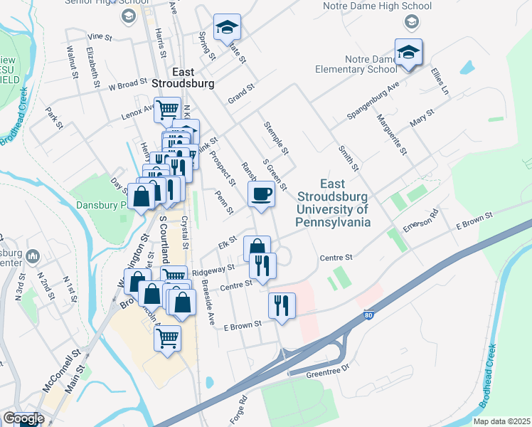 map of restaurants, bars, coffee shops, grocery stores, and more near 125 Ransberry Avenue in East Stroudsburg