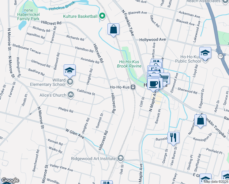 map of restaurants, bars, coffee shops, grocery stores, and more near 35 Fairmount Road in Ridgewood