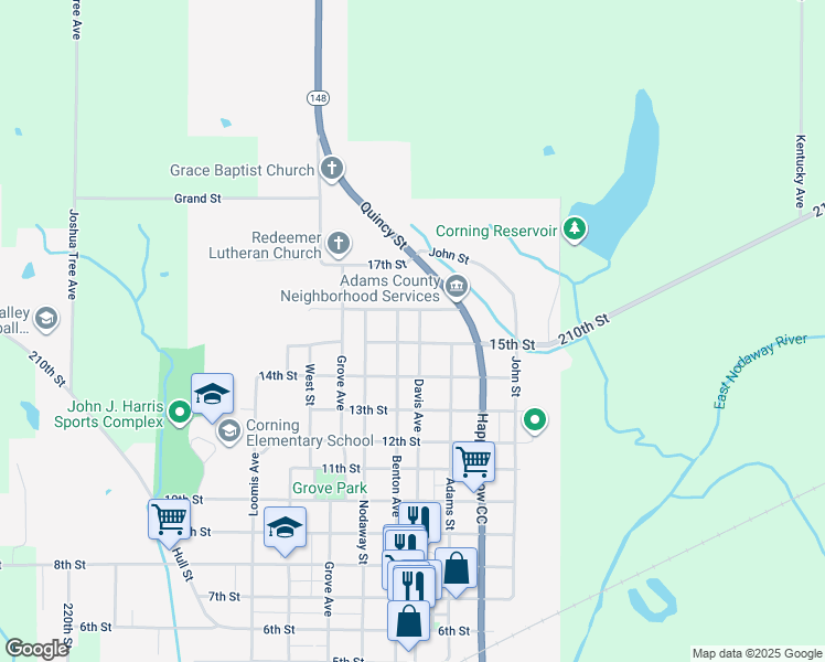 map of restaurants, bars, coffee shops, grocery stores, and more near 401-499 15th Street in Corning