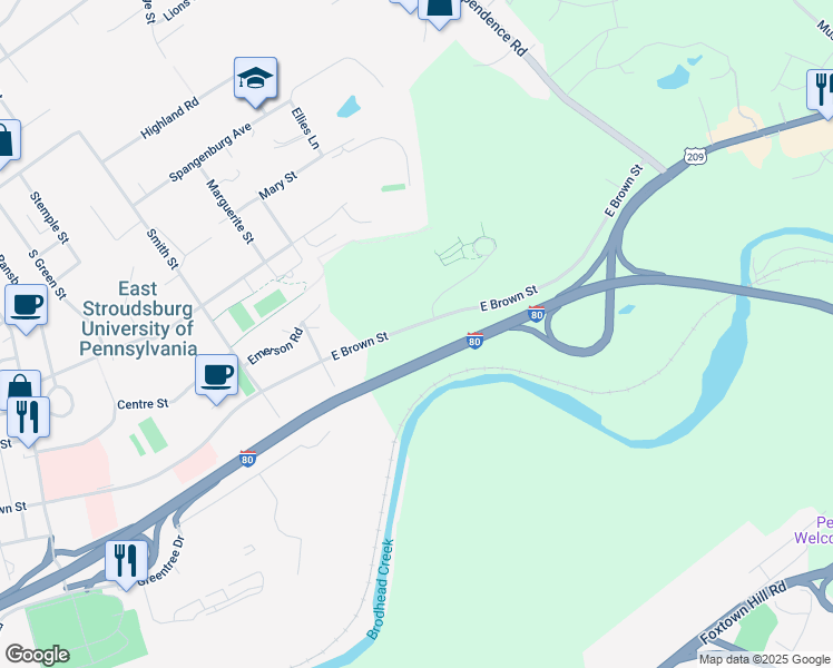 map of restaurants, bars, coffee shops, grocery stores, and more near 383 East Brown Street in East Stroudsburg