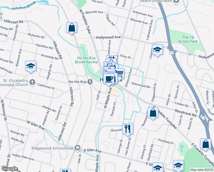 map of restaurants, bars, coffee shops, grocery stores, and more near 610 North Maple Avenue in Ho-Ho-Kus