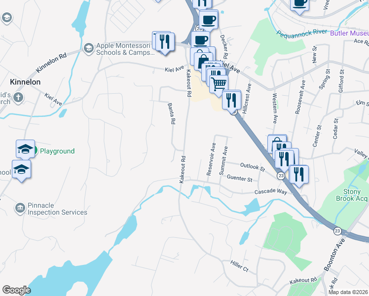 map of restaurants, bars, coffee shops, grocery stores, and more near 177 Kakeout Road in Kinnelon