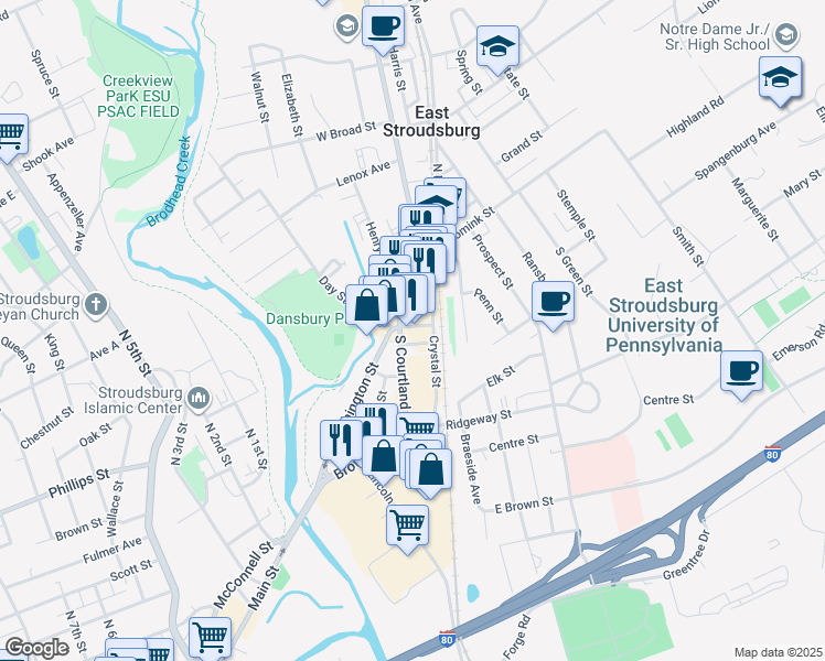 map of restaurants, bars, coffee shops, grocery stores, and more near 69 Washington Street in East Stroudsburg