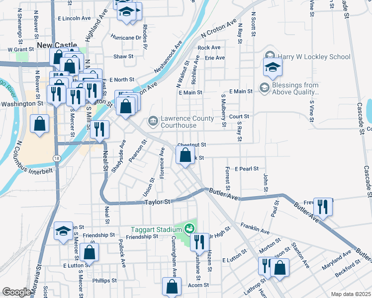 map of restaurants, bars, coffee shops, grocery stores, and more near 510 Pine Street in New Castle
