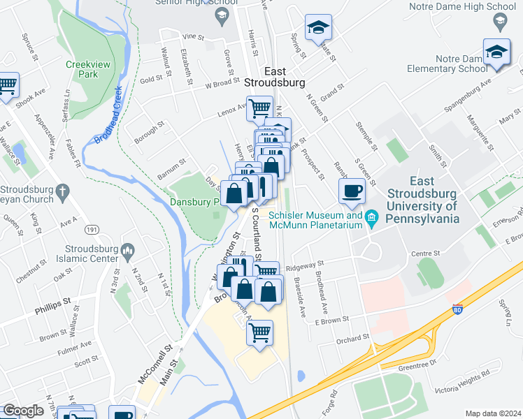 map of restaurants, bars, coffee shops, grocery stores, and more near 43 Washington Street in East Stroudsburg