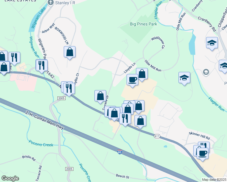 map of restaurants, bars, coffee shops, grocery stores, and more near 138 Terrace Drive in Stroudsburg
