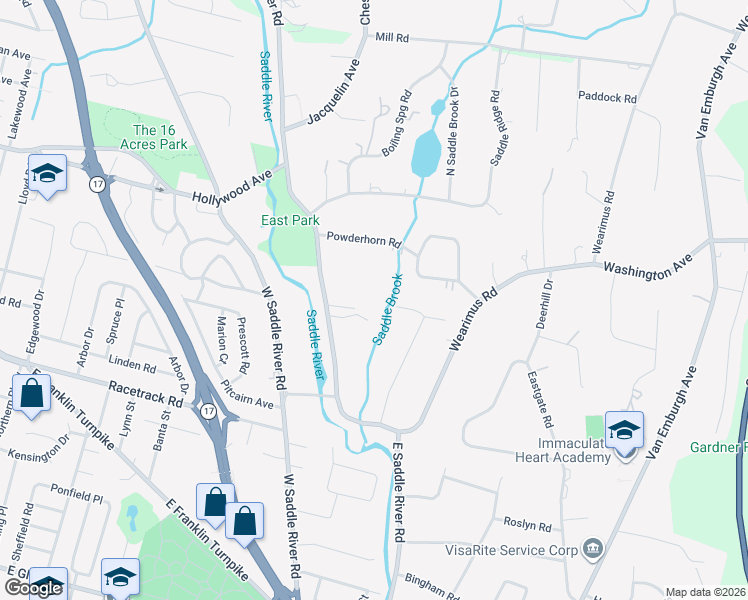 map of restaurants, bars, coffee shops, grocery stores, and more near 1 Fox Run in Ho-Ho-Kus