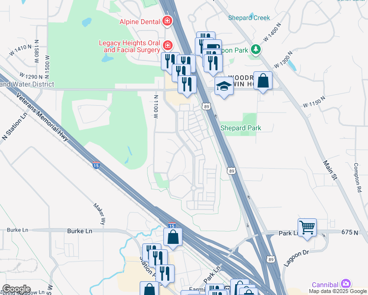 map of restaurants, bars, coffee shops, grocery stores, and more near 1008 North Shepard Creek Parkway in Farmington