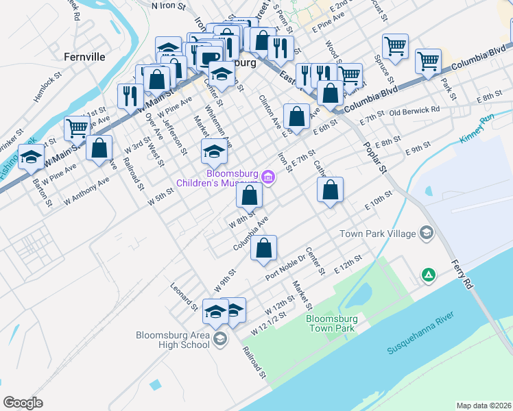 map of restaurants, bars, coffee shops, grocery stores, and more near 750 Market Street in Bloomsburg