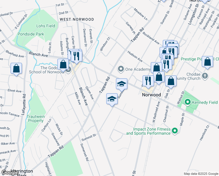 map of restaurants, bars, coffee shops, grocery stores, and more near 200 Tappan Road in Norwood