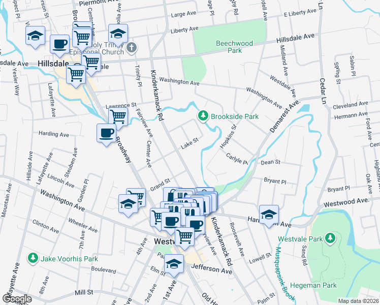 map of restaurants, bars, coffee shops, grocery stores, and more near 425 Kinderkamack Road in Westwood