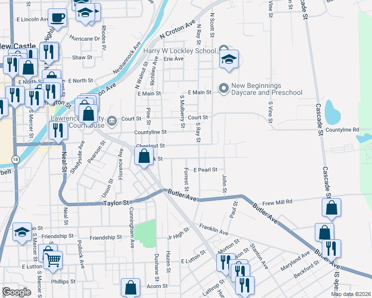 map of restaurants, bars, coffee shops, grocery stores, and more near 725 Oak Street in New Castle