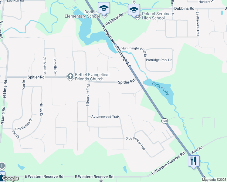 map of restaurants, bars, coffee shops, grocery stores, and more near 3053 Chardonnay Lane in Youngstown