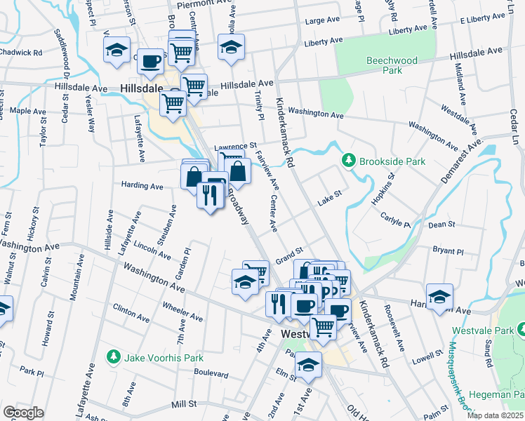 map of restaurants, bars, coffee shops, grocery stores, and more near 500 Center Avenue in Westwood