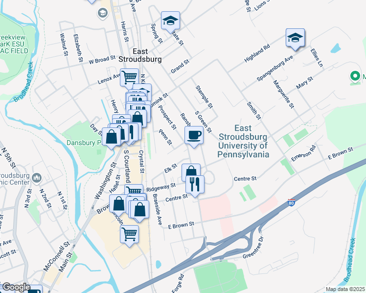 map of restaurants, bars, coffee shops, grocery stores, and more near 109 Fairview Street in East Stroudsburg