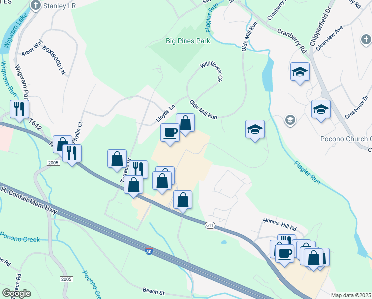 map of restaurants, bars, coffee shops, grocery stores, and more near Mountaineer Drive in Stroudsburg