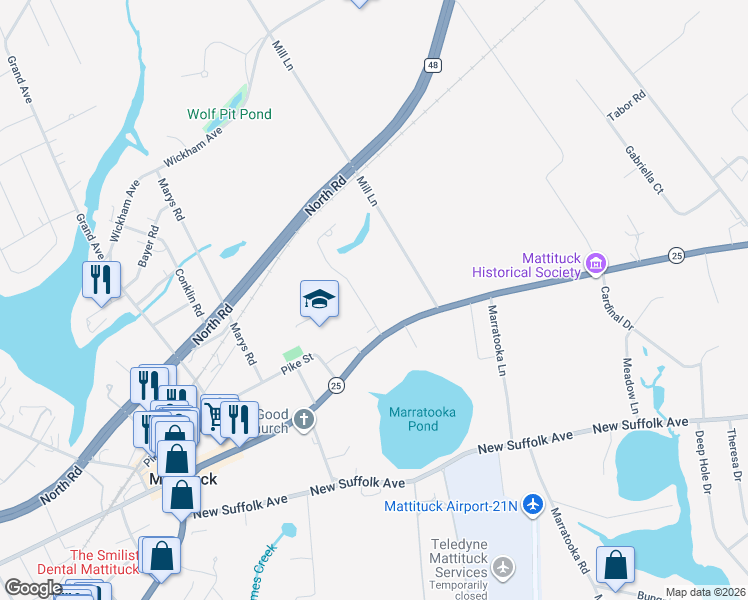 map of restaurants, bars, coffee shops, grocery stores, and more near 265 Village Lane in Mattituck