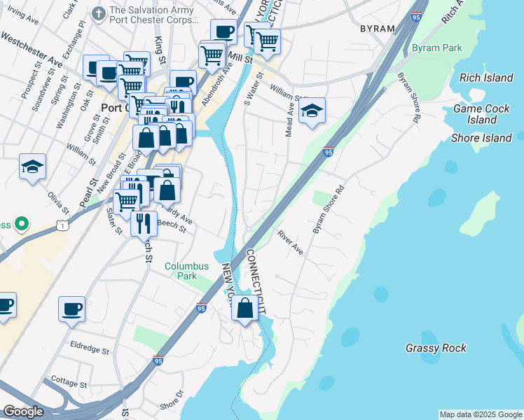 map of restaurants, bars, coffee shops, grocery stores, and more near 160 Mead Avenue in Greenwich