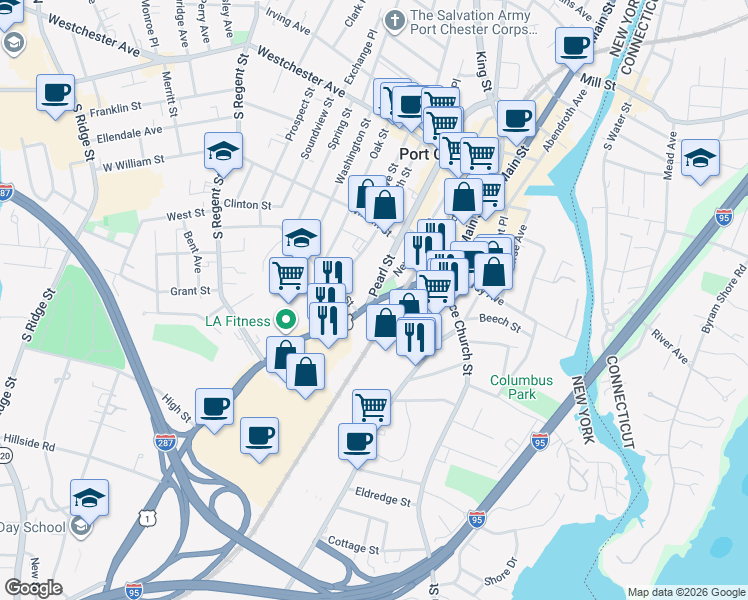 map of restaurants, bars, coffee shops, grocery stores, and more near 200 Boston Post Road in Port Chester