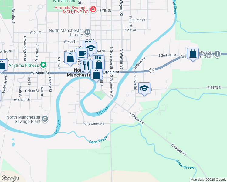 map of restaurants, bars, coffee shops, grocery stores, and more near 207 South Sycamore Street in North Manchester