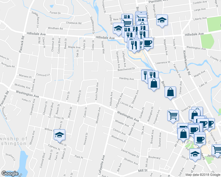 map of restaurants, bars, coffee shops, grocery stores, and more near 64 Hillside Avenue in Westwood