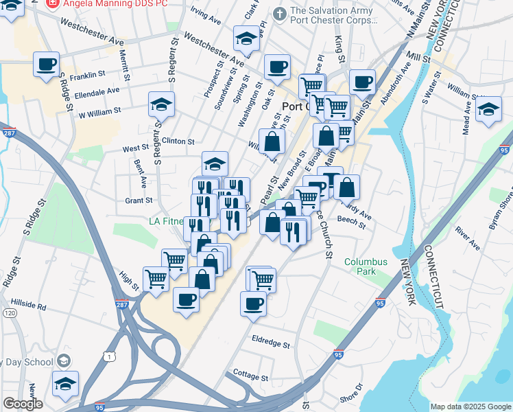 map of restaurants, bars, coffee shops, grocery stores, and more near 225 Boston Post Road in Port Chester