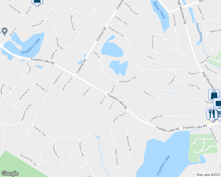 map of restaurants, bars, coffee shops, grocery stores, and more near 1001 Franklin Lake Road in Franklin Lakes