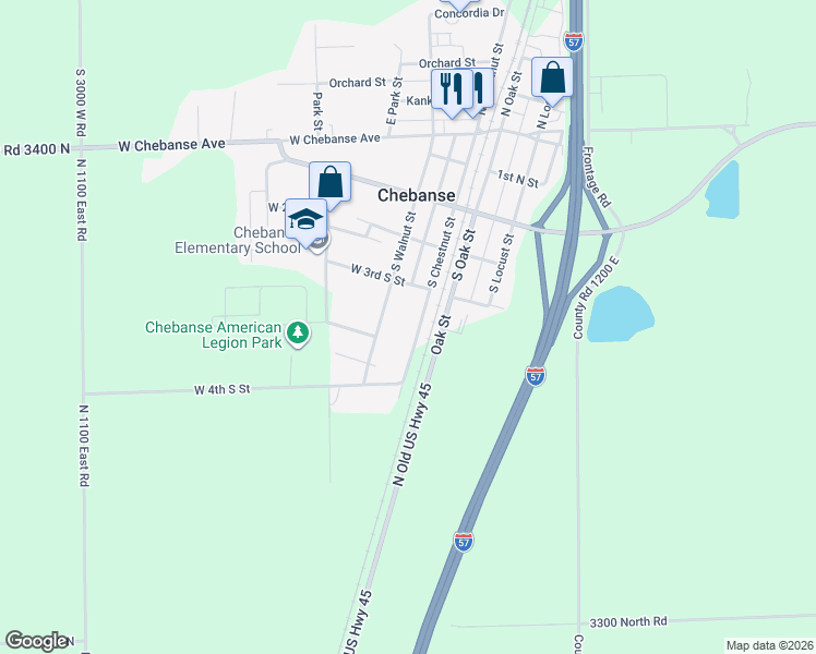 map of restaurants, bars, coffee shops, grocery stores, and more near 569 South Chestnut Street in Chebanse